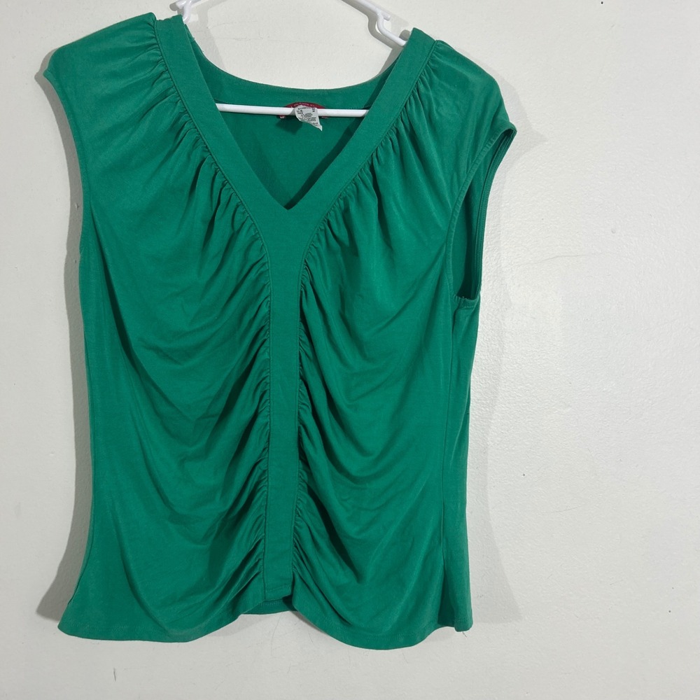 Anne Klein Green Sleeveless Stretch Top Ruched V-Neck Blouse - Medium
